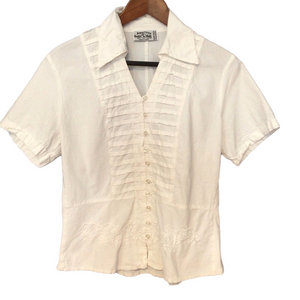 AMERICAN SOUTH SIDE White Pleated Button-Down Shirt Embroidered Large